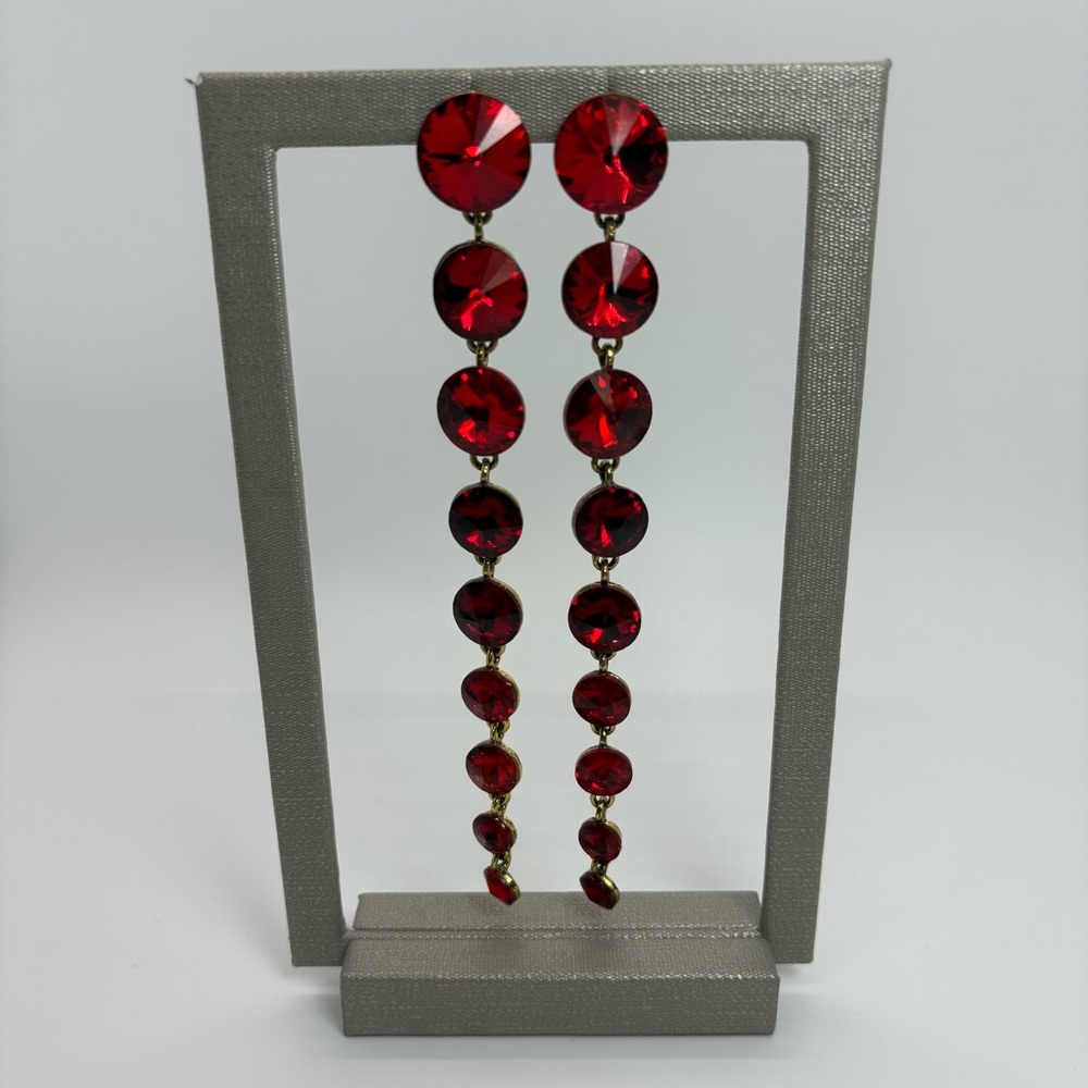 Long Red Round Crystal Dangle Earrings in Gold Tone, Brand New